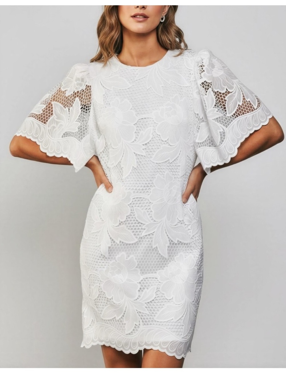 Anthropologie Delfi Collective White Floral Lace Wide Short Sleeve Mini Dress
